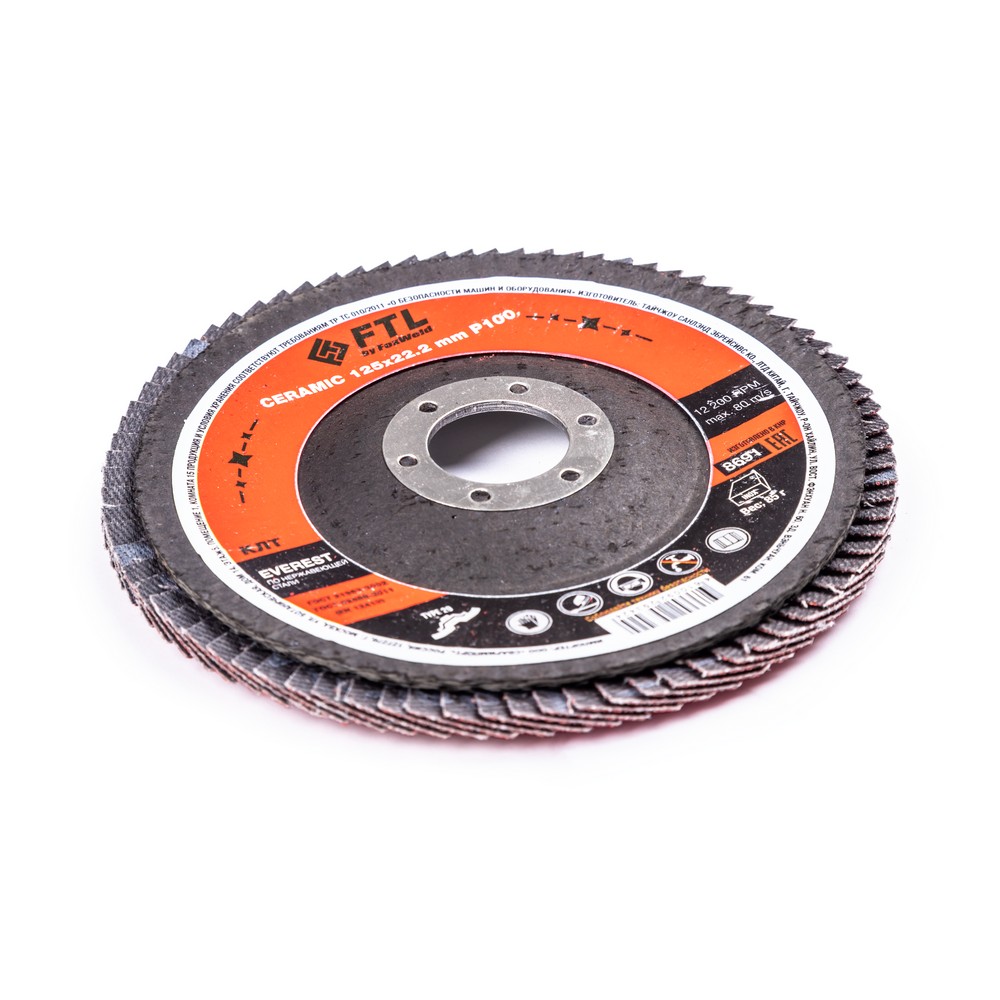 Круг лепестковый с керамическим абразивом для шлифования по нержавеющей стали FTL Everest 29 125 х 22,2 мм P100