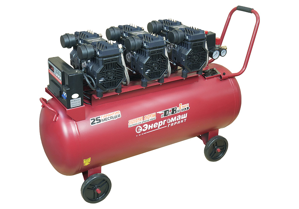 Компрессор безмасляный ВК1-100БМБ Энергомаш ГАРАНТ 3х1500Вт,720л/м, ресивер 100л,,бесшумный