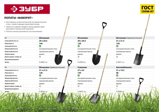 ЗУБР Фаворит, 310х215х1500мм, полотно 1.7мм, закалено, дерев. лакир. черенок высш. сорт, штыковая прямоугольная лопата, ПРОФЕССИОНАЛ (4-39511)